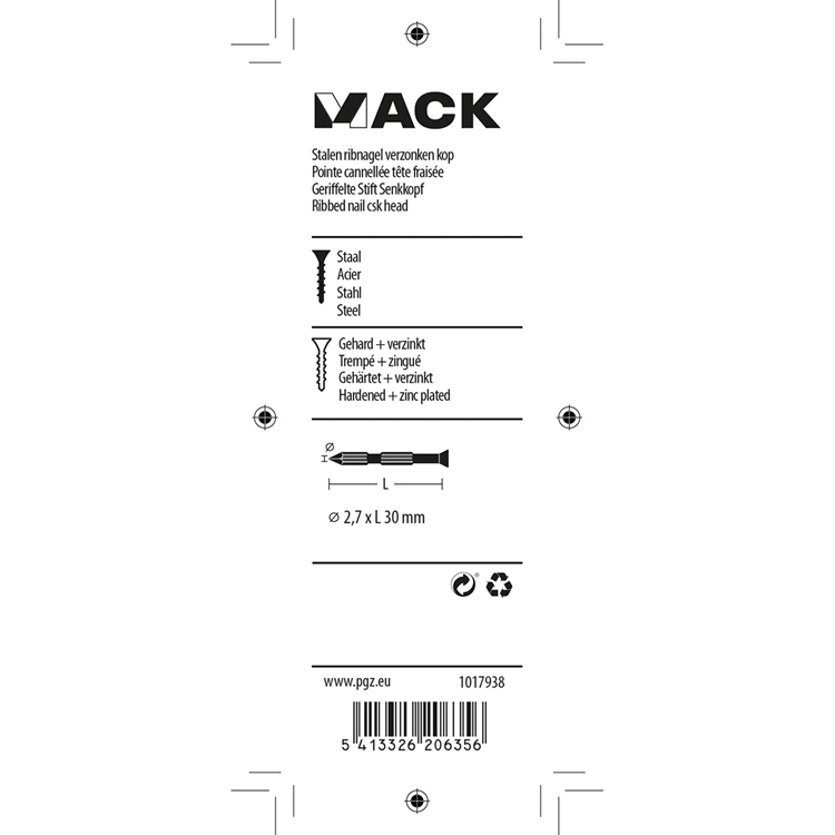 Mack 1017938 - stalen ribnagel vk st.gehard + verz 65st 2,7 x 30 mm | 5 stuks
