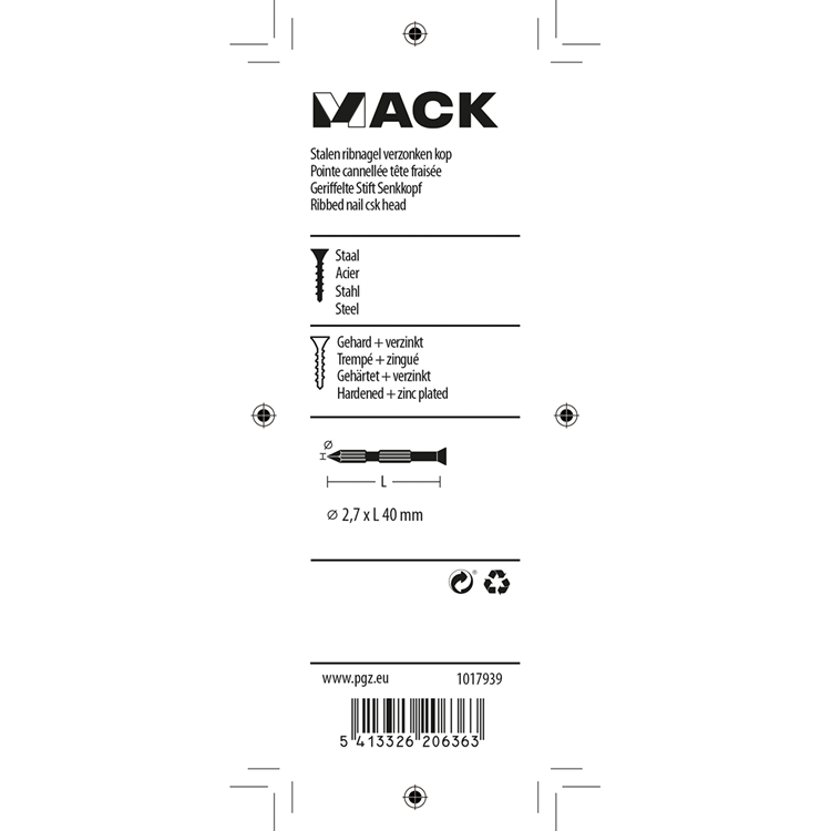 Mack 1017939 - stalen ribnagel vk st.gehard + verz 55st 2,7 x 40 mm | 5 stuks