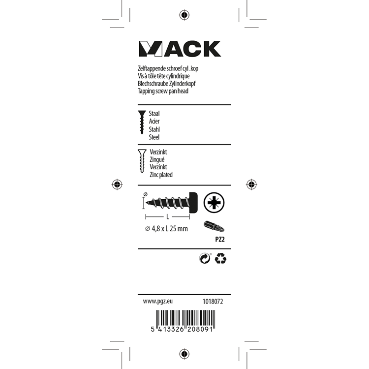Mack 1018072 - zelftappende schroef cylkop verz. 32 st 4,8 x 25 mm | 5 stuks