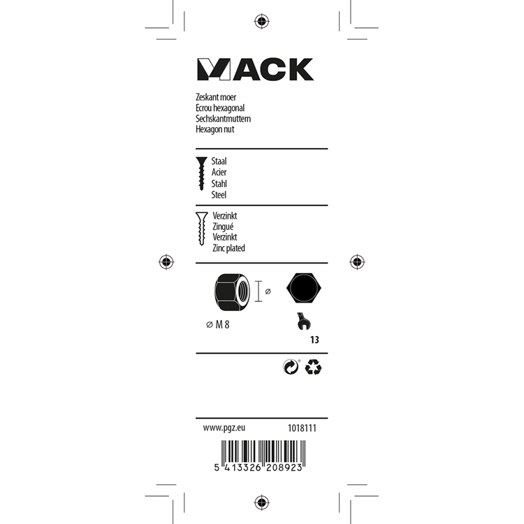 Mack 1018111 - zeskant moer staal verzinkt 45 st m 8 | 5 stuks