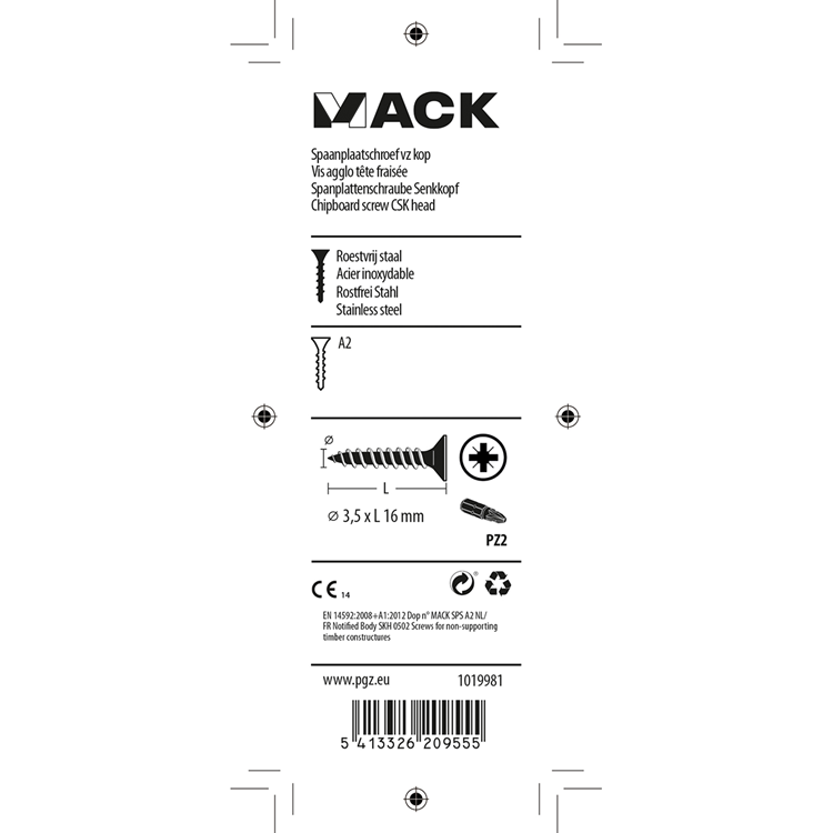 Mack 1019981 - spaanplaatschroef vz kop rvs 110 st 3,5 x 16 mm | 5 stuks