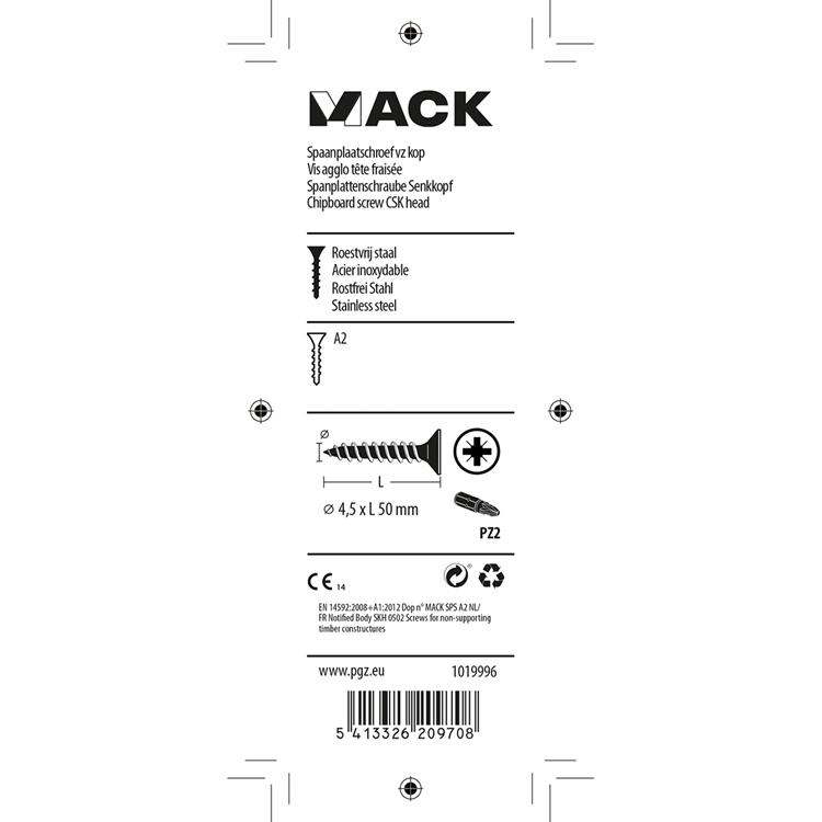 Mack 1019996 - spaanplaatschroef vz kop rvs 32 st 4,5 x 50 mm | 5 stuks