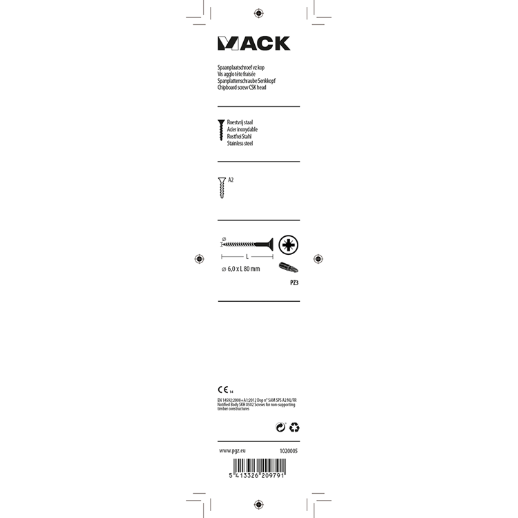 Mack 1020005 - spaanplaatschroef vz kop rvs 12 st 6,0 x 80 mm | 5 stuks