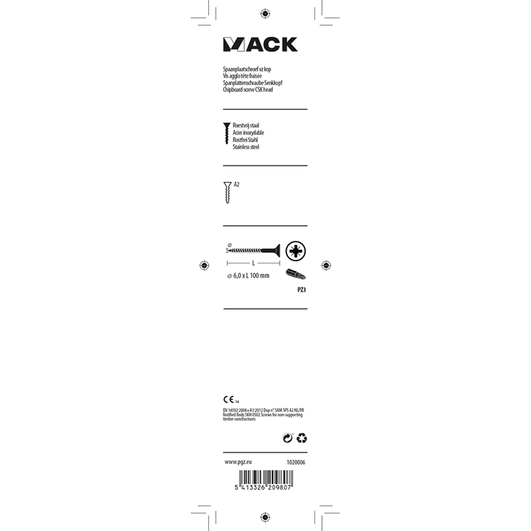 Mack 1020006 - spaanplaatschroef vz kop rvs 12 st 6,0 x 100mm | 5 stuks