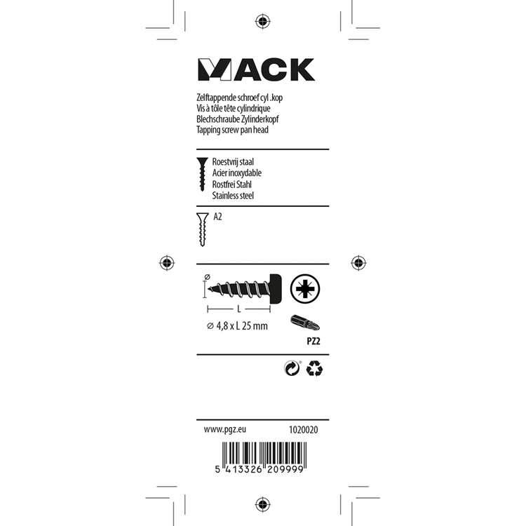 Mack 1020020 - zelftappende schroef cyl.kop a2 25 st 4,8 x 25 mm | 5 stuks