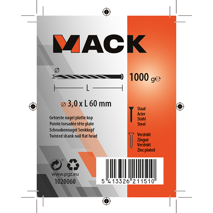Mack 1020060 - getorste nagel platte kop vz 1000 gr 3,0 x 60 mm | 10 stuks