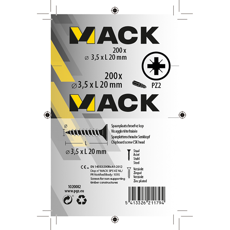 Mack 1020082 - spaanplaatschroef vz kop geel vz 200 st 3,5 x 20 mm | 5 stuks