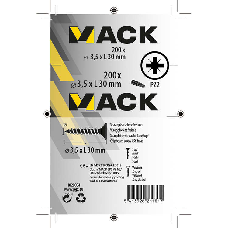 Mack 1020084 - spaanplaatschroef vz kop geelvz 200 st 3,5 x 30 mm | 5 stuks