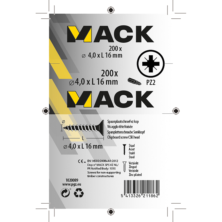 Mack 1020089 - spaanplaatschroef vz kop geel vz 200 st 4,0 x 16 mm | 5 stuks