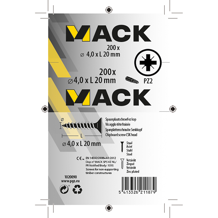 Mack 1020090 - spaanplaatschroef vz kop geel vz 200 st 4,0 x 20 mm | 5 stuks
