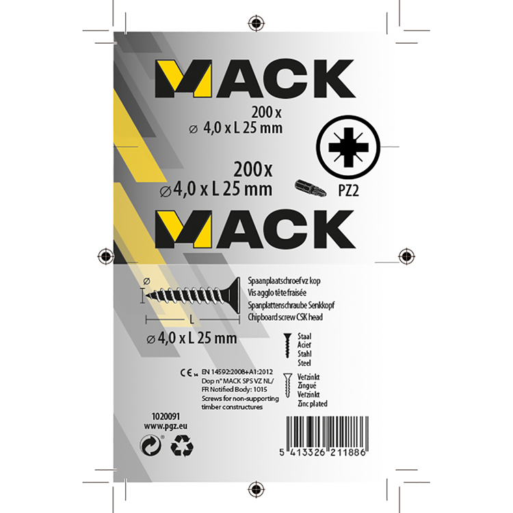 Mack 1020091 - spaanplaatschroef vz kop geel vz 200 st 4,0 x 25 mm | 5 stuks