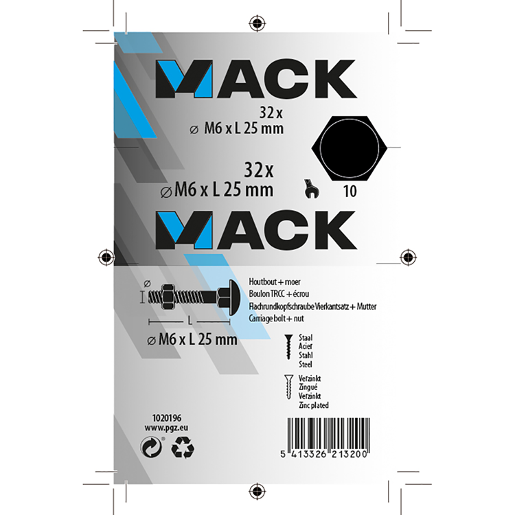 Mack 1020196 - houtbout + moer verzinkt 32 stm6 x 25 mm | 5 stuks