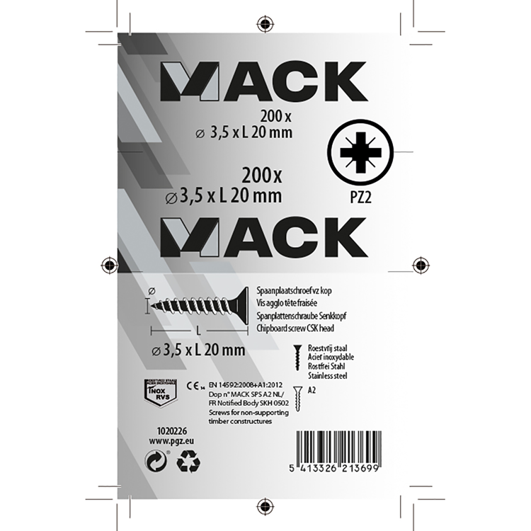 Mack 1020226 - spaanplaatschroef vz kop inox a2 200 st 3,5 x 20 mm | 2 stuks