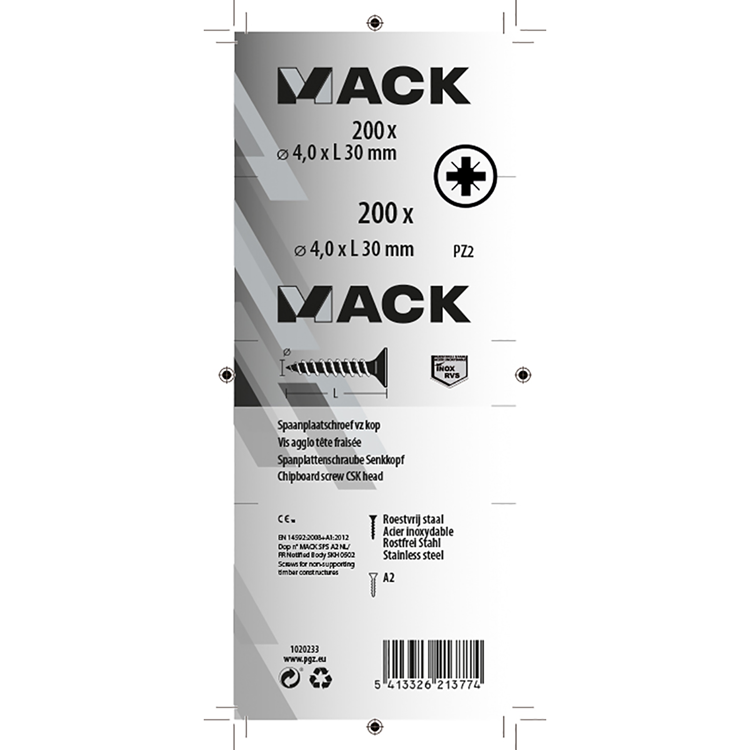 Mack 1020233 - spaanplaatschroef vz kop inox a2 200 st 4,0 x 30 mm | 2 stuks