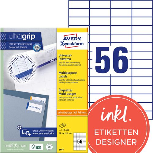 Universele etiketten avery zweckform 3668 wit