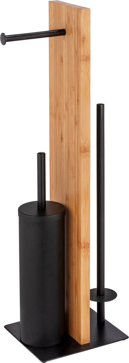 Wenko toiletbutler lesina zwart en bamboe - fsc hout - toiletborstel met houder, toiletrolhouder en reserverolhouder vrijstaand