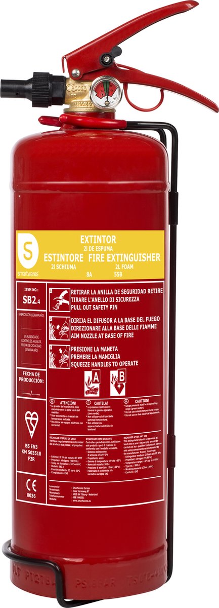 Smartwares 2l brandblusser fex-15222 - sb2.4 - schuimblusser - inclusief bevestigingsmateriaal