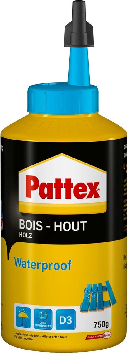Pattex waterproof 750 g bottle | houtlijm waterhoudende lijm | hout lijm voorkomt water vocht schade | speciale houtlijm tegen vocht.