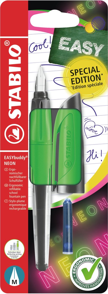 Stabilo easybuddy neon - ergonomische vulpen - groen - standaard m punt voor rechtshandigen