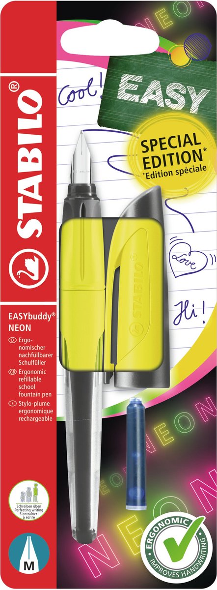 Stabilo easybuddy neon - ergonomische vulpen - geel - standaard m punt voor rechtshandigen