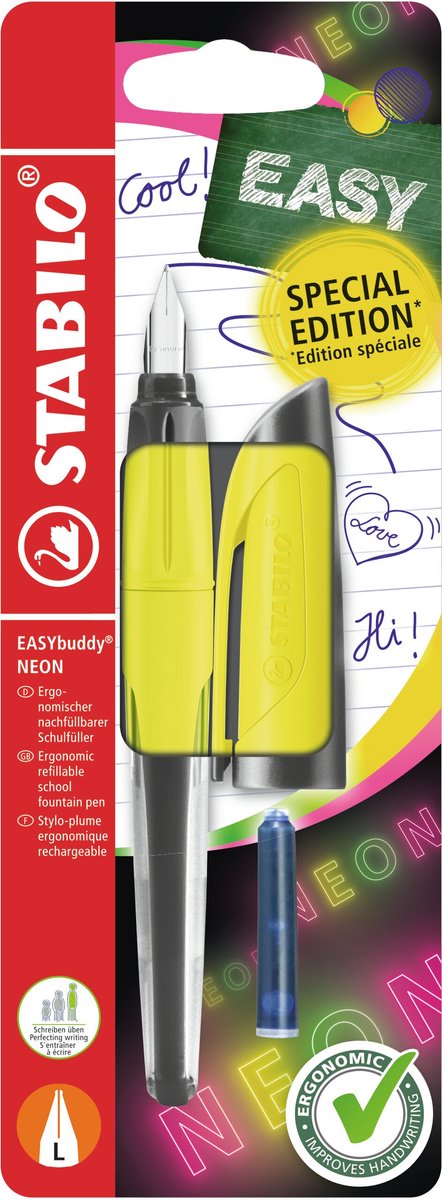 Stabilo easybuddy neon - ergonomische vulpen - geel - l punt voor linkshandigen