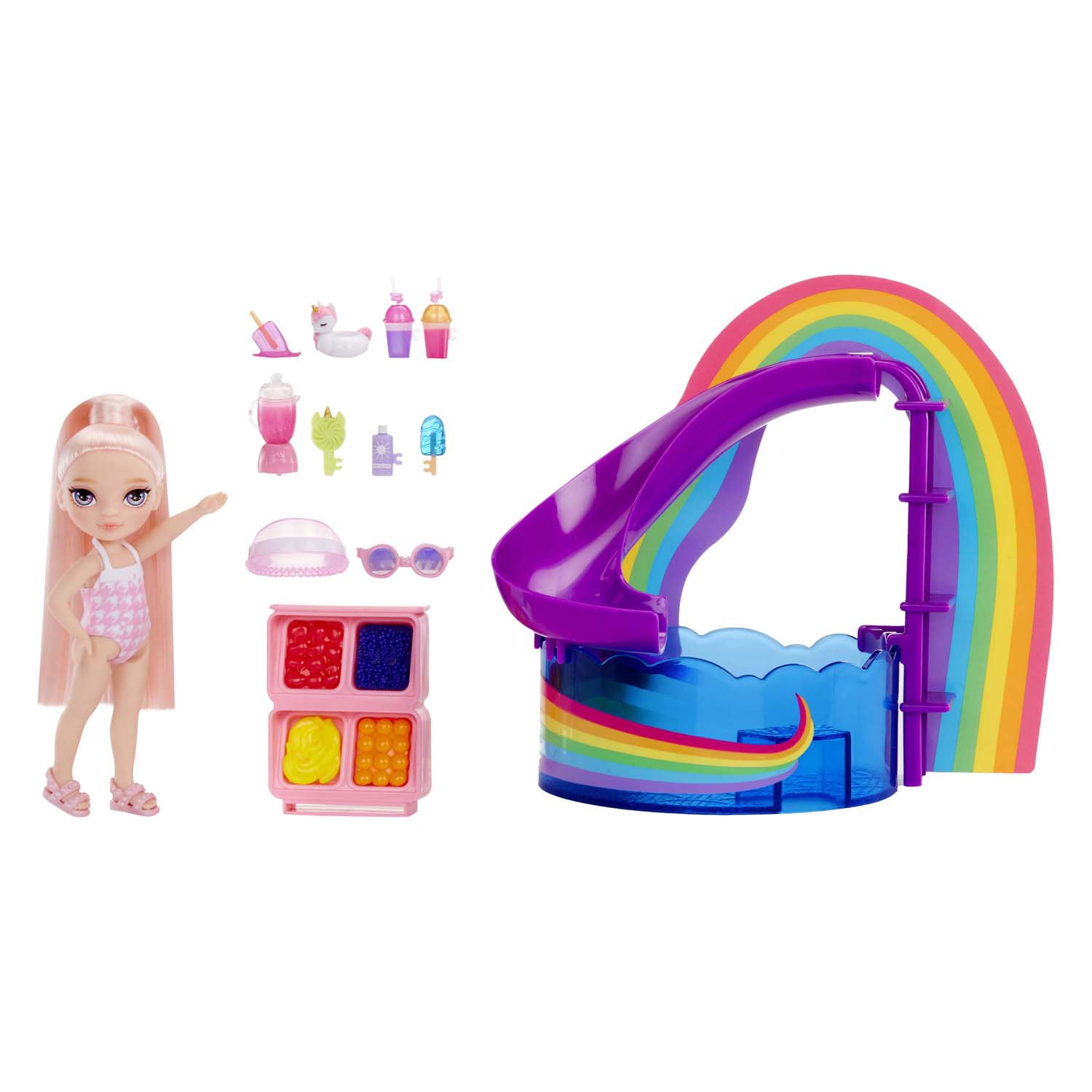 Regenboog hoog klein compact speeltoestel zwemmen