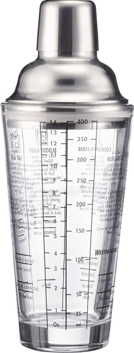 Westmark cocktailshaker sam – shaker met schaalverdeling en zeefje, professionele cocktailmixer, bar accessoires, inclusief recepten – roestvrij staal, glas, 400ml