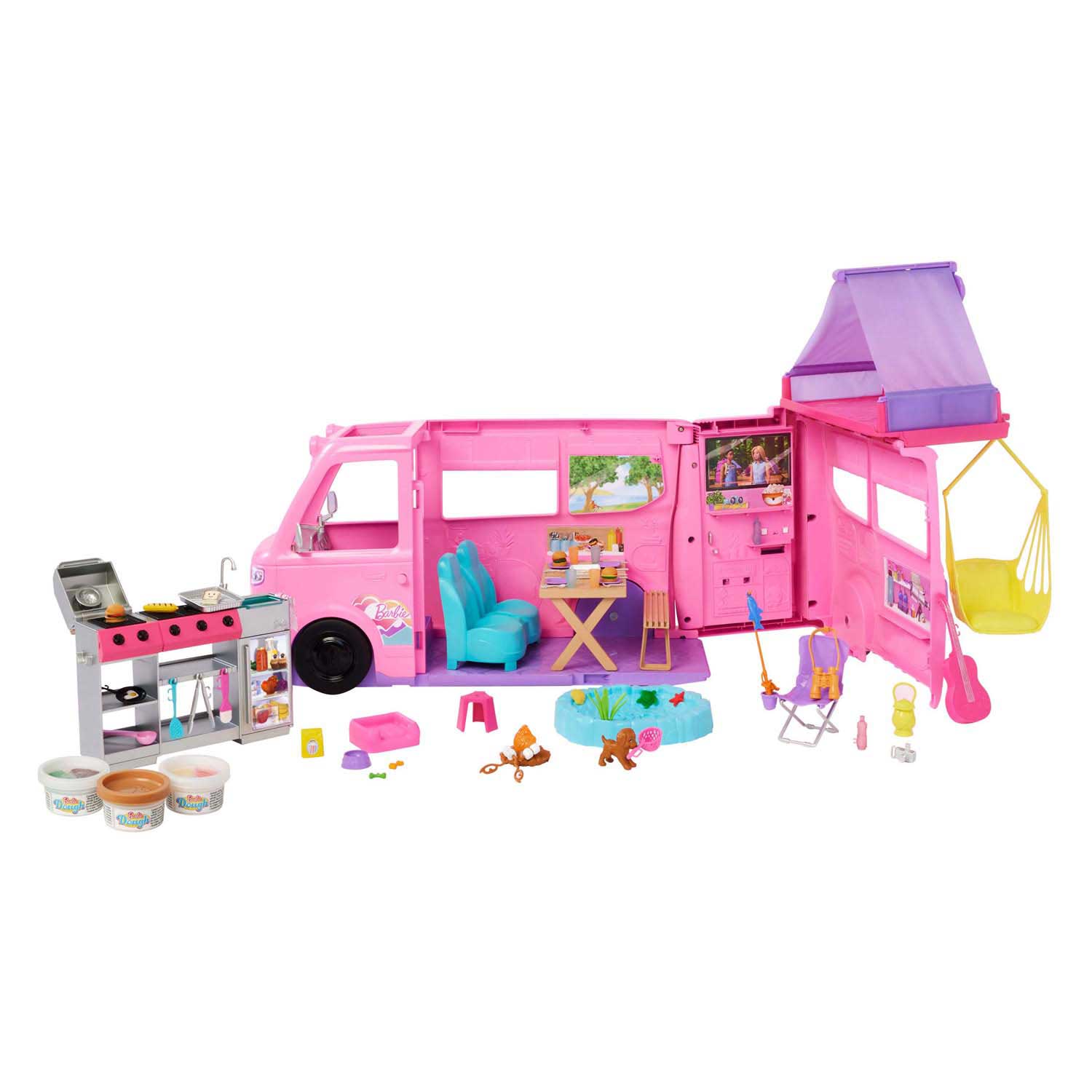 Barbie droomcamper - speelset met daktent, barbecue en meer dan 60 accessoires