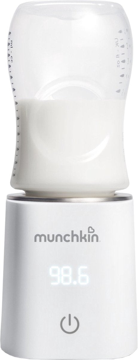 Munchkin digitale flessenverwarmer 37°c - inclusief 4 adapters voor dr. brown's (alleen smalle hals), tommee tippee, nuk en medela - compact voor onderweg - digitale display