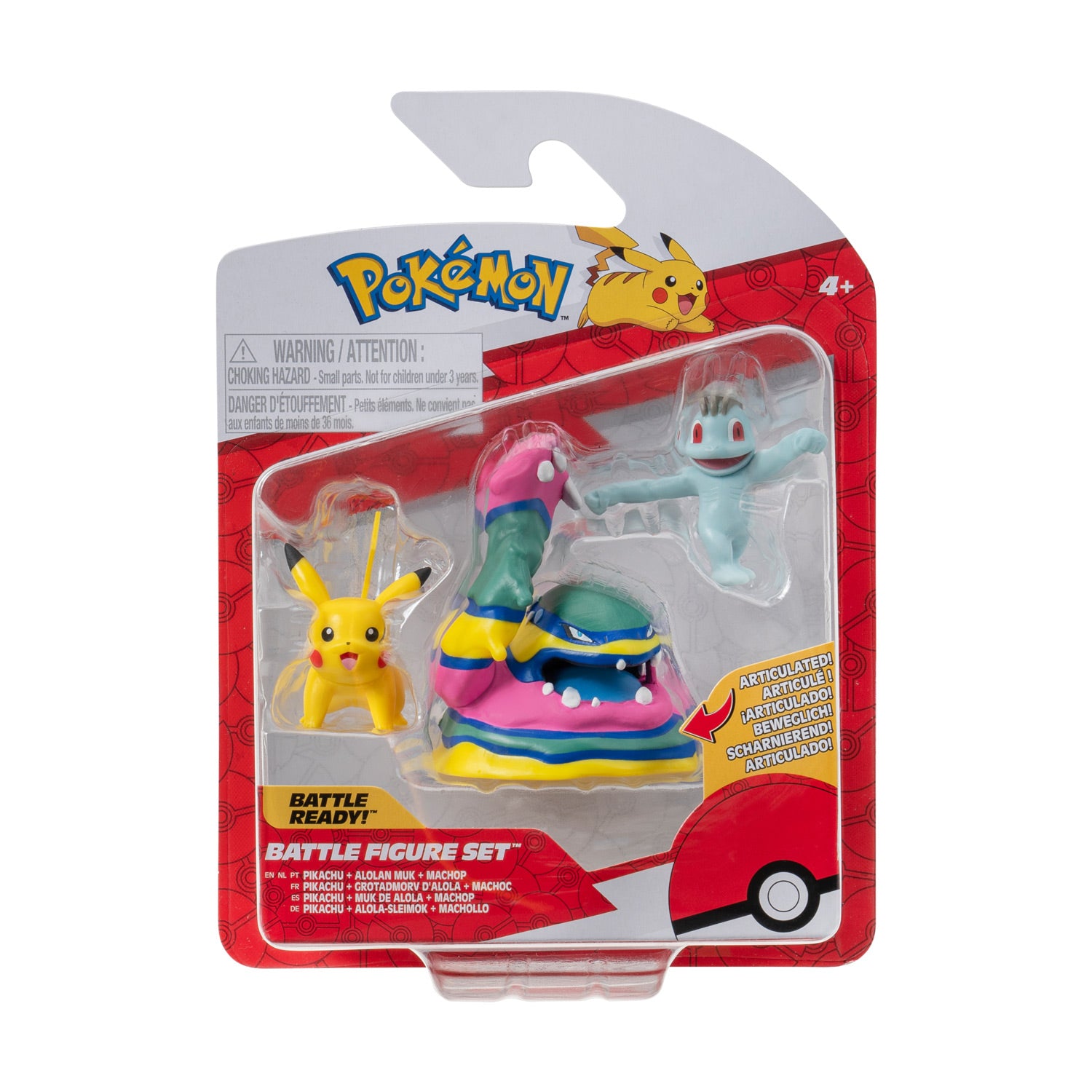 Boti pokémon batte figuurset - machop, pikachu, alolan muk, 3st.