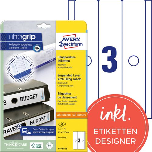 Rugetiketten avery zweckform l4757-25 wit, 75 etiketten