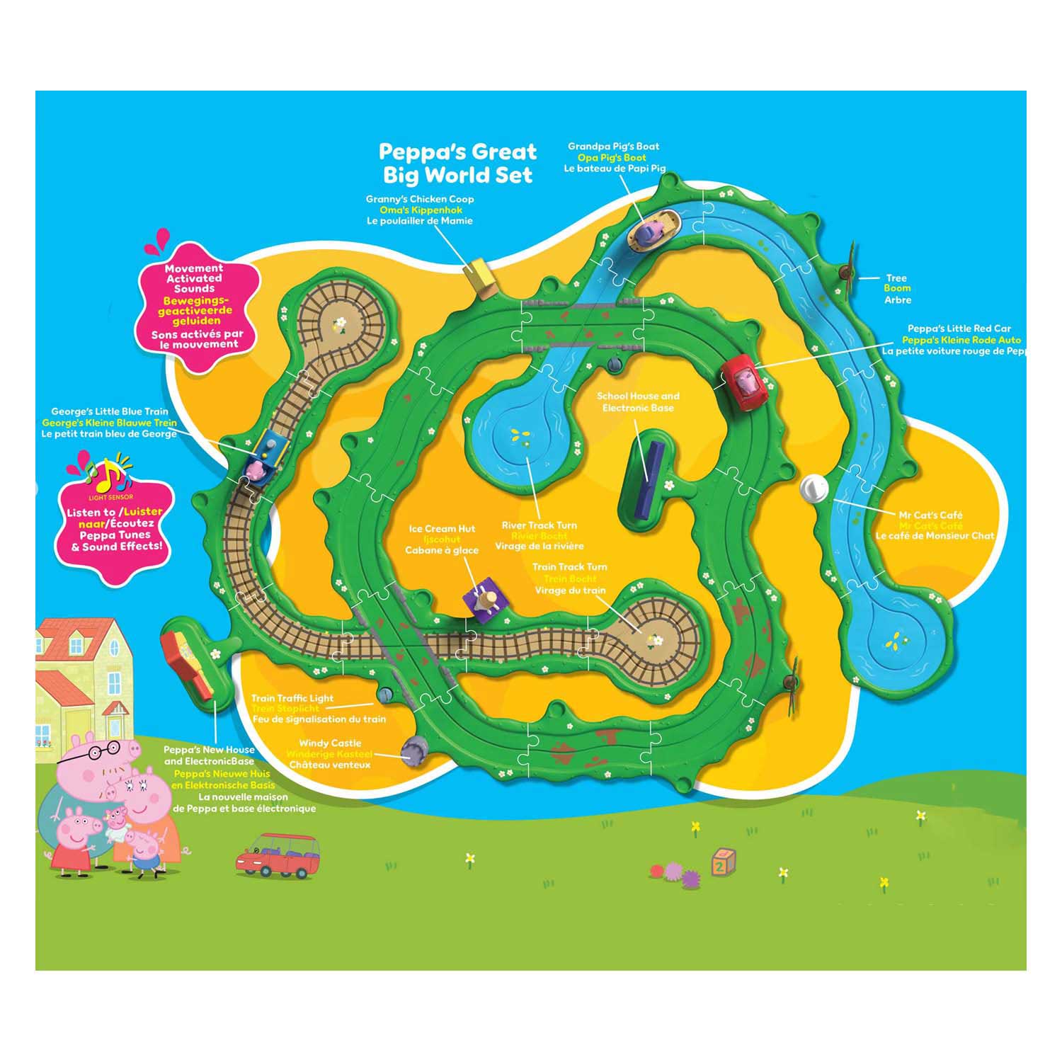 Gear2play peppa pig whizz around - peppa’s grote wijde wereld speelset - modulaire rijbaan voor whizz around voertuigen - interactief met muziek en geluid
