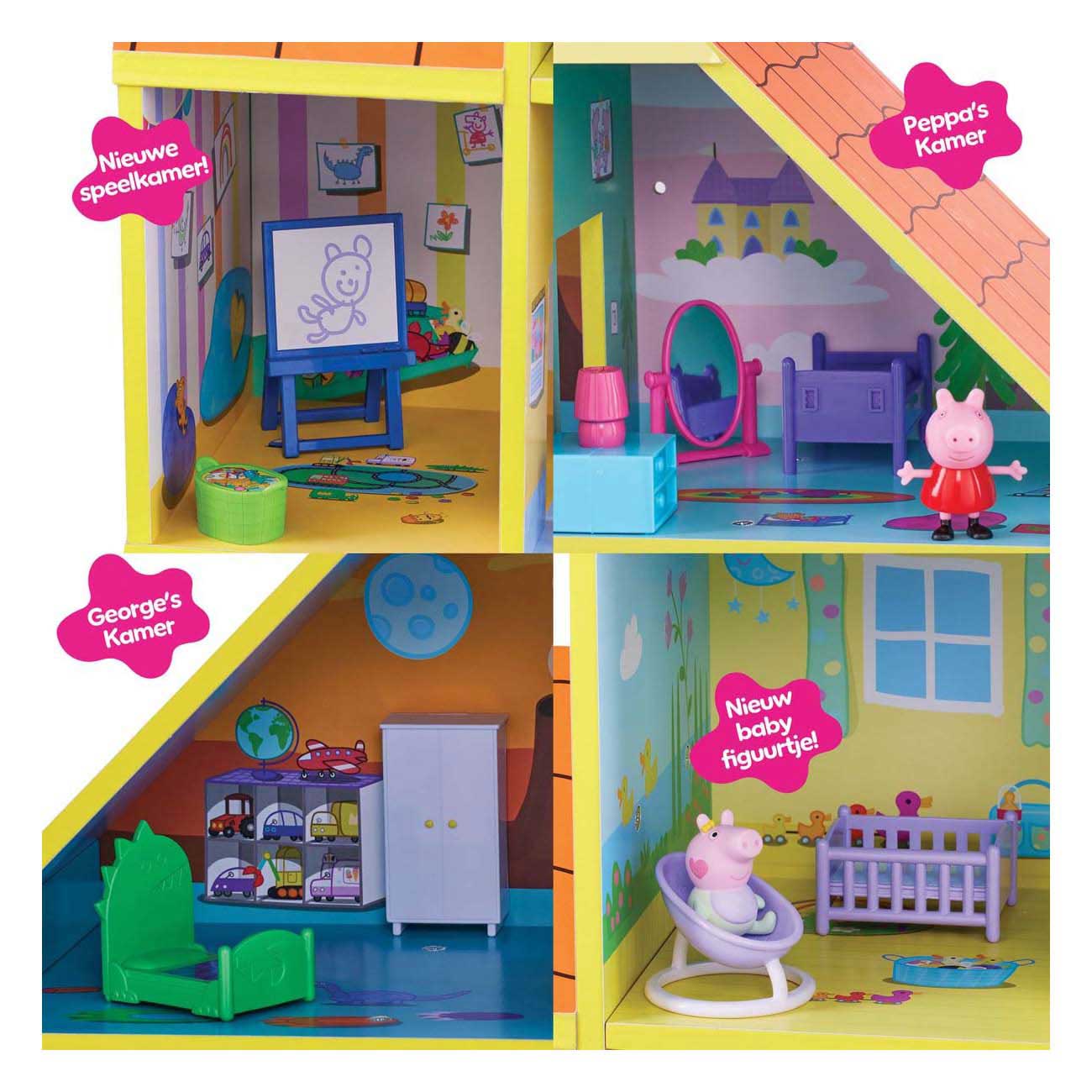 Gear2play peppa pig - groot houten speelhuis speelset - 65 cm - 9 kamers en 18 accessoires