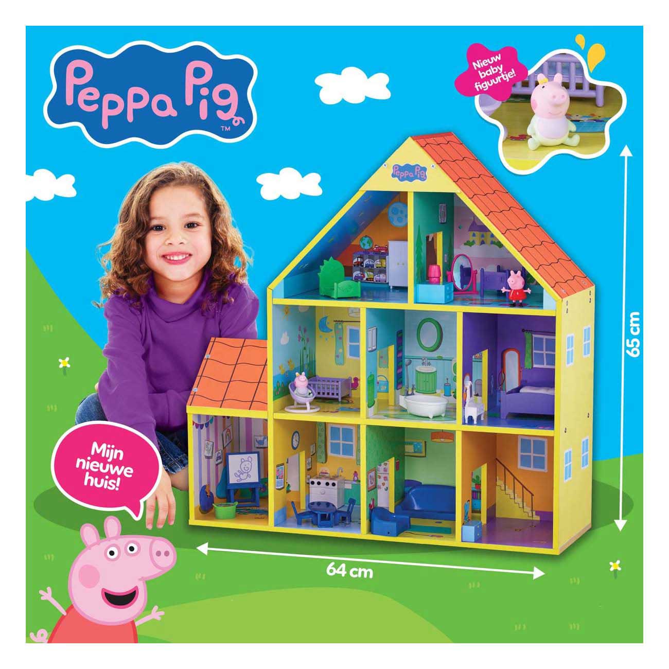 Gear2play peppa pig - groot houten speelhuis speelset - 65 cm - 9 kamers en 18 accessoires