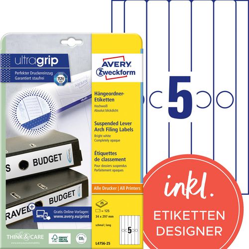 Ordnerrugetiketten avery l4756-25 wit 125