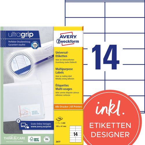 Avery universele etiketten zweckform 3477 105x41mm wit
