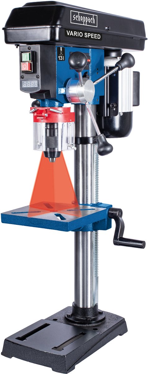 Scheppach kolomboormachine dp19vario - 550w - traploos instelbaar van 440 tot 2580r min - tafelboormachine met laser - kantelbare tafel