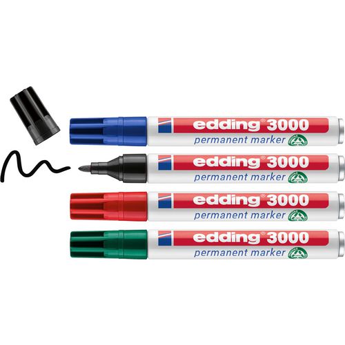 Marker permanent 3000 edding 1,5-3mm ronde punt blauw,zwart,rood,groen 4 stuk