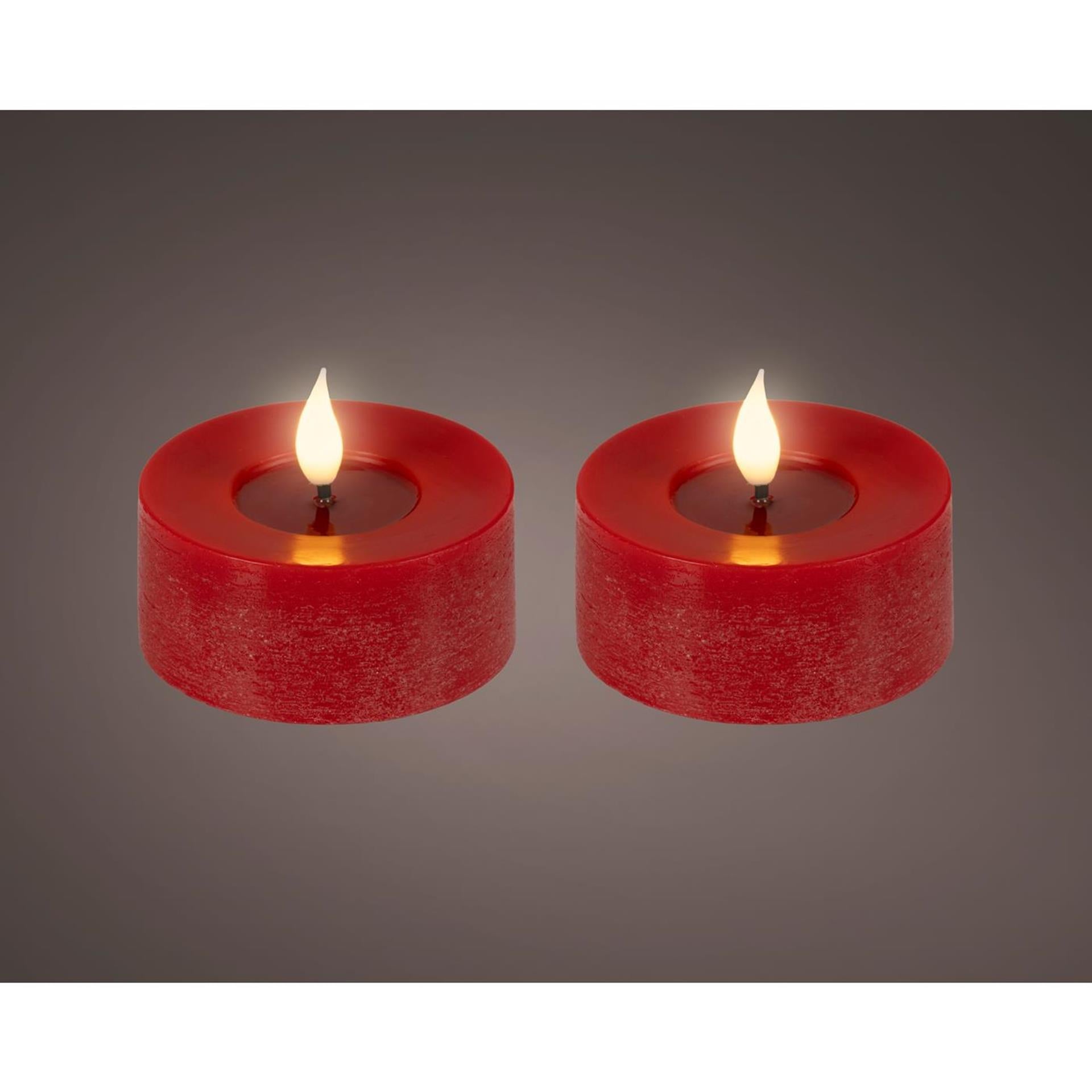Lumineo realistische led theelicht met vlam effect ã˜7,5x6cm rood met 6uur timer werkt op batterij- 2 stuks
