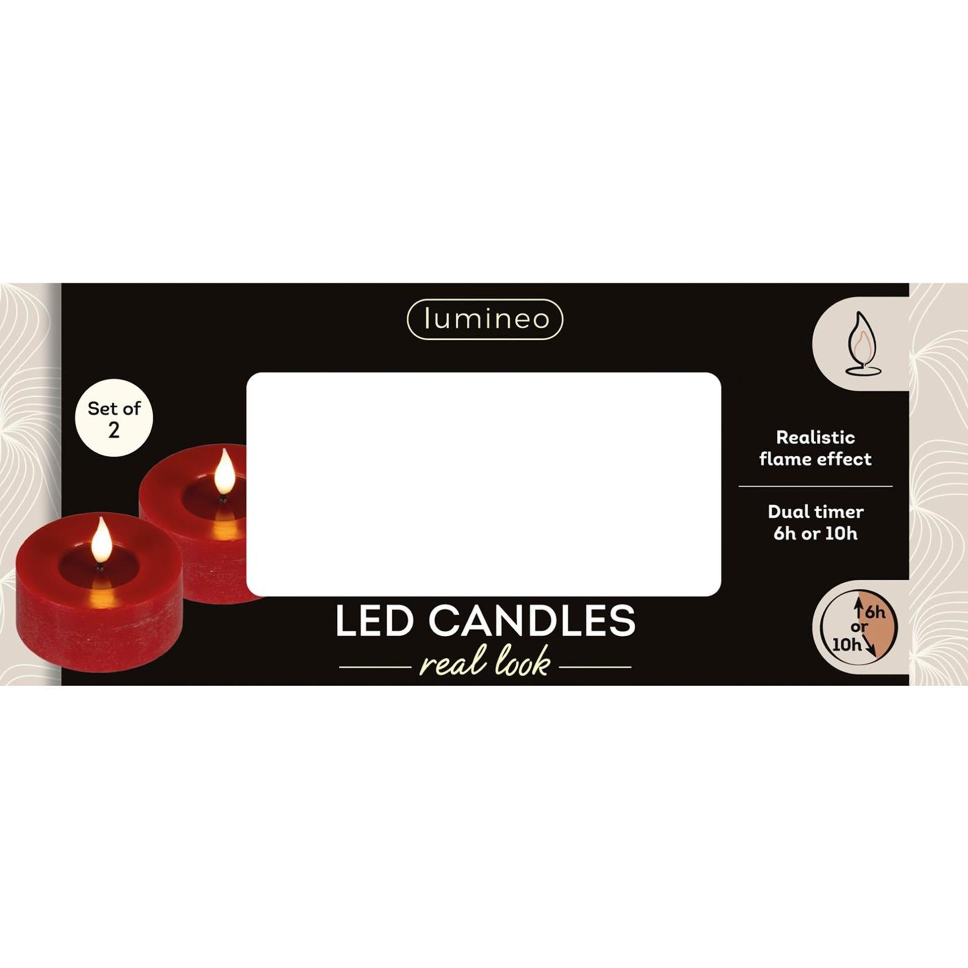 Lumineo realistische led theelicht met vlam effect ã˜7,5x6cm rood met 6uur timer werkt op batterij- 2 stuks