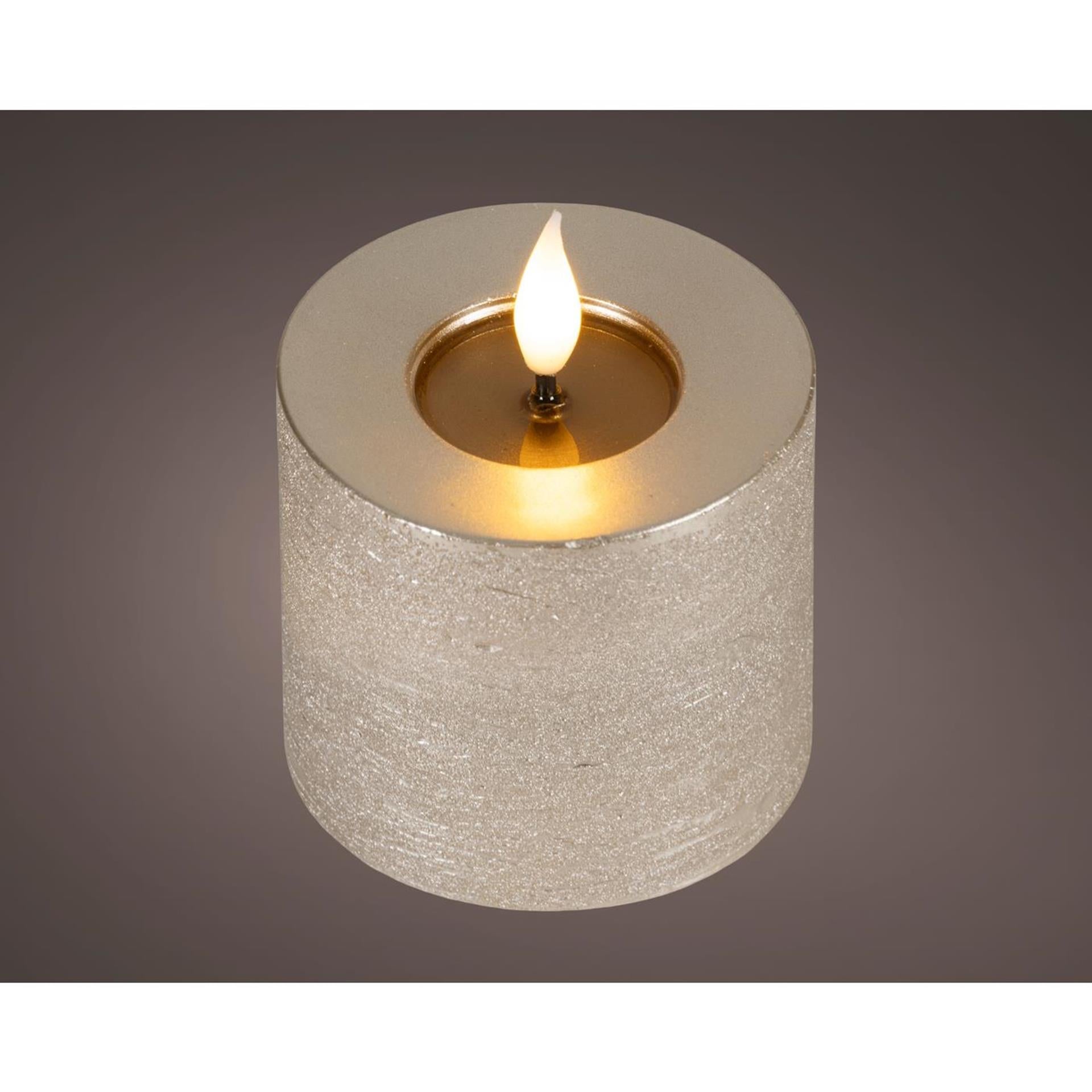 Lumineo realistische led kaars met wax pit en vlam effect ã˜7.5x9,5cm licht grijs met 6uur timer werkt op batterij