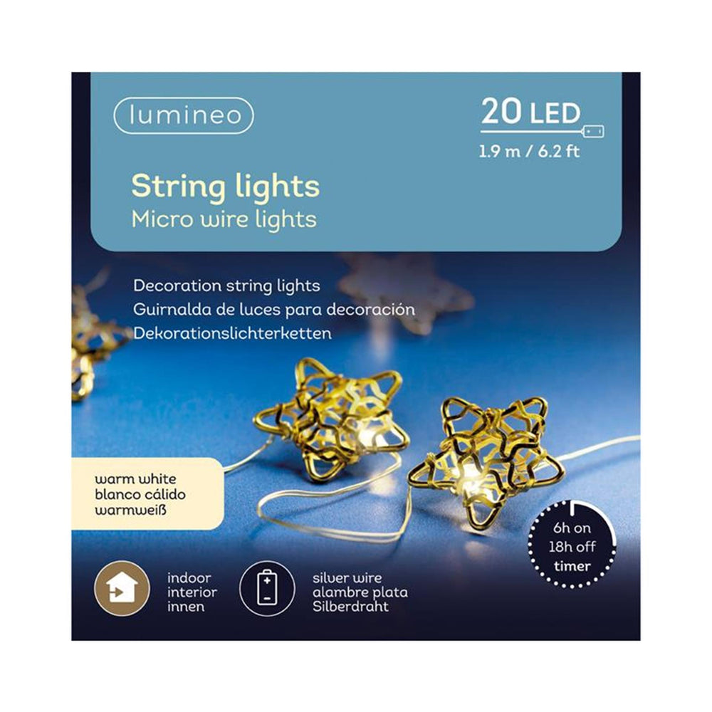 Lumineo micro led decoratie verlichting 20 lampjes met sterren metaal met timer werkt op batterij
