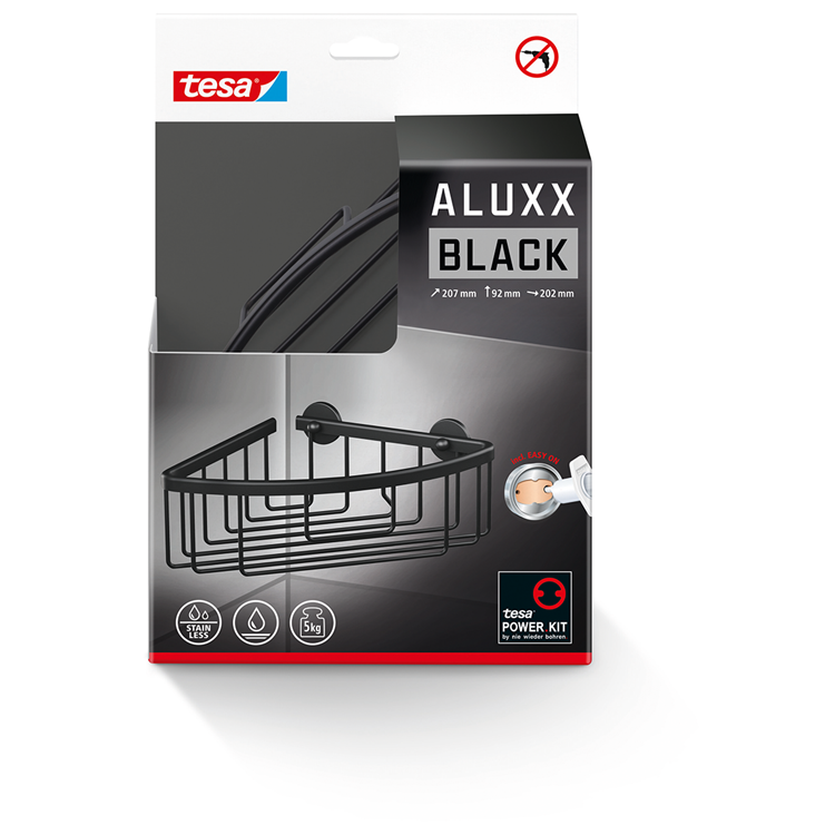 Tesa hoekmand aluxx black matzwart badkamer zelfklevend zonder boren – 192x92x200mm