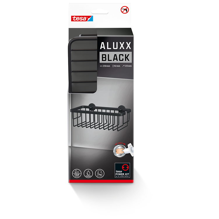 Tesa doucherek aluxx black matzwart badkamer zelfklevend zonder boren – 92x250x125mm
