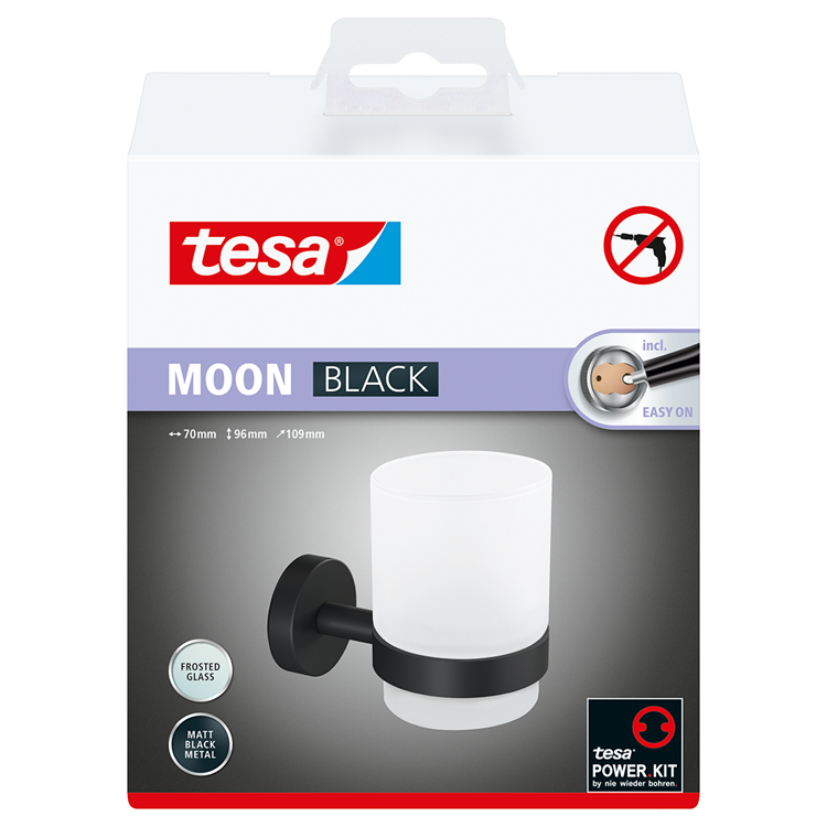 Tesa moon serie - zwart uithouder met glas - bevestiging zonder boren - modern ontwerp