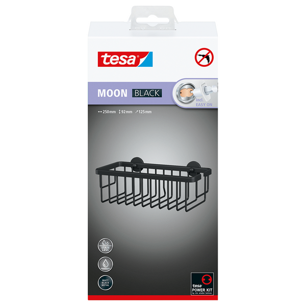 Tesa moon black doucherek voor wandmontage zonder boren, mat zwart - éénlaags en extra diep - voor badkamers in industriële en moderne stijl - met kleefoplossing - 92 mm x 250 mm x 125 mm