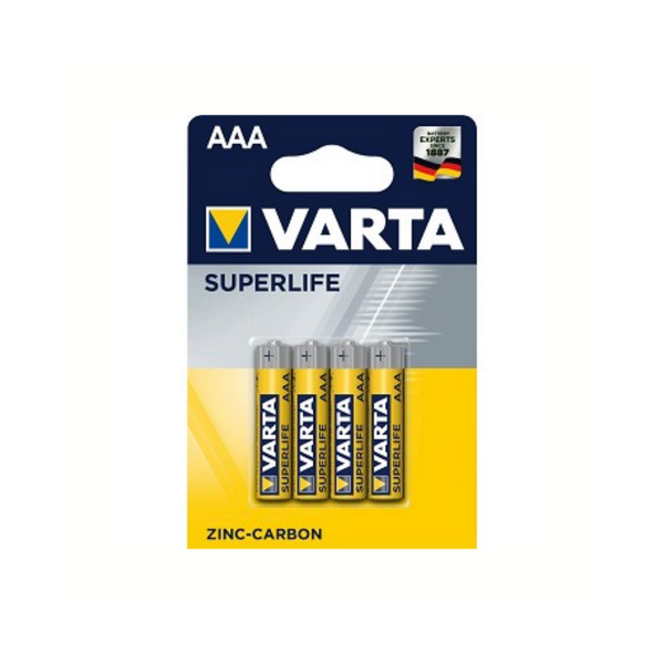 Piles Varta Superlife AAA. Zinc-Carbone. par 4 sous blister. (emballage suspendu)