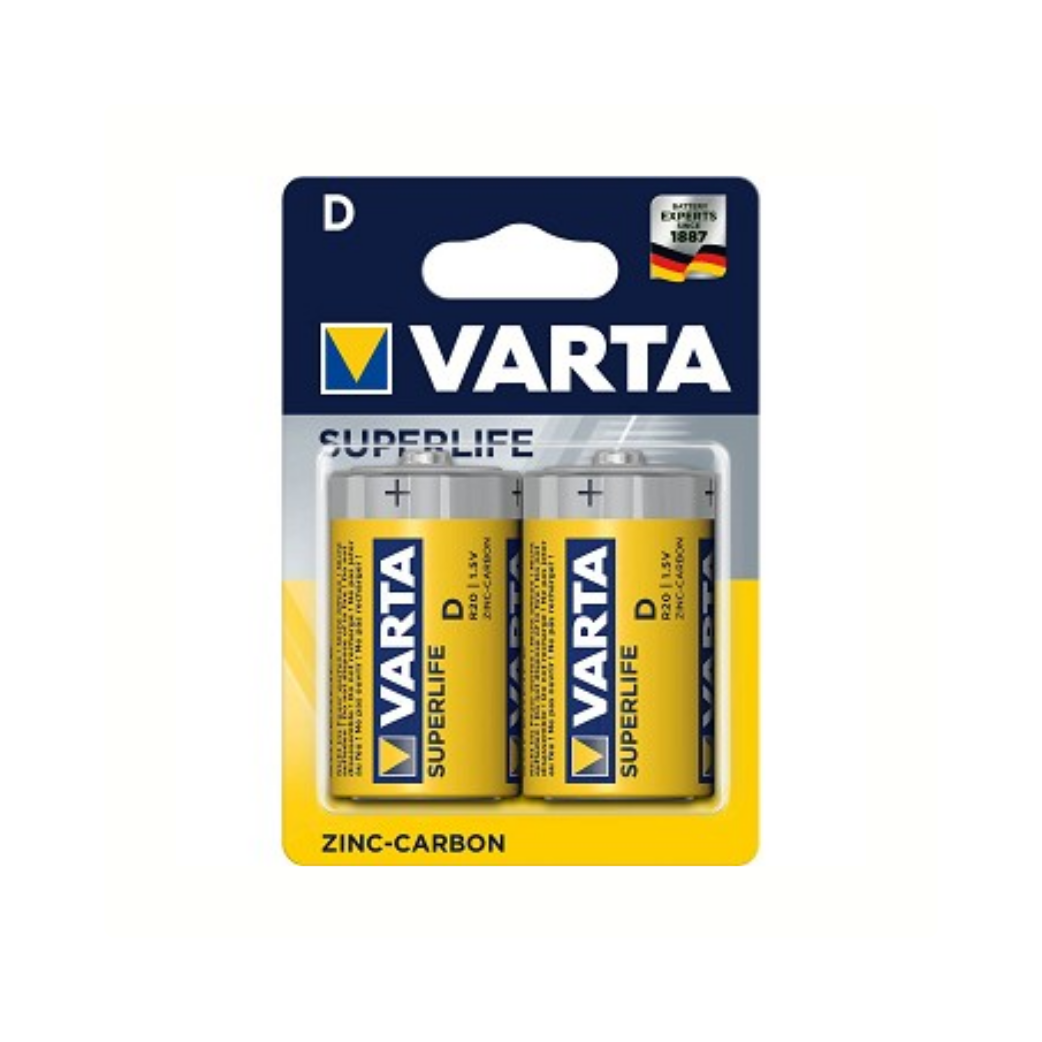 Piles Varta Superlife D R20. Zinc-Carbone. par 2. (emballage suspendu)