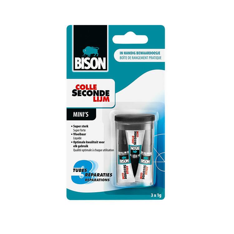 Bison secondelijm vloeibaar mini's 3 x 1g, sterke secondelijm, speciale min verpakking, vaatwasser bestendig, water resistent, voor iedere reparatie in en om het huis