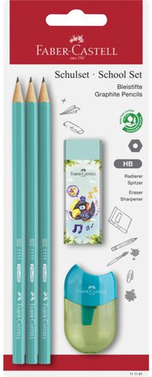 Faber-castell schoolset - grafiet potloden 1111 - hb - gum + puntenslijper - fc-111181